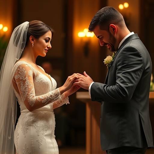 A heartwarming shot of a bride and groom exchanging rings during their wedding ceremony.