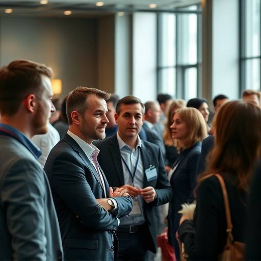 A photographer capturing a dynamic moment during a corporate event with attendees networking.