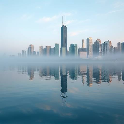A serene photograph of Lake Michigan with the Chicago skyline in the background during a calm summer morning.