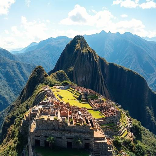 Aerial view of Machu Picchu, Peru, the ancient Inca citadel nestled in the Andes Mountains.