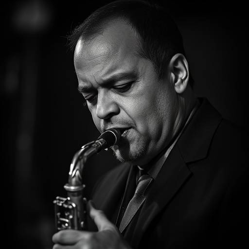 Black and white portrait of a jazz musician intensely playing his saxophone in a Chicago jazz club.