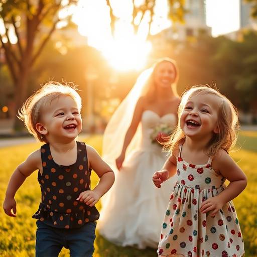 Candid photograph of children laughing and playing in a park during a Chicago summer wedding reception.