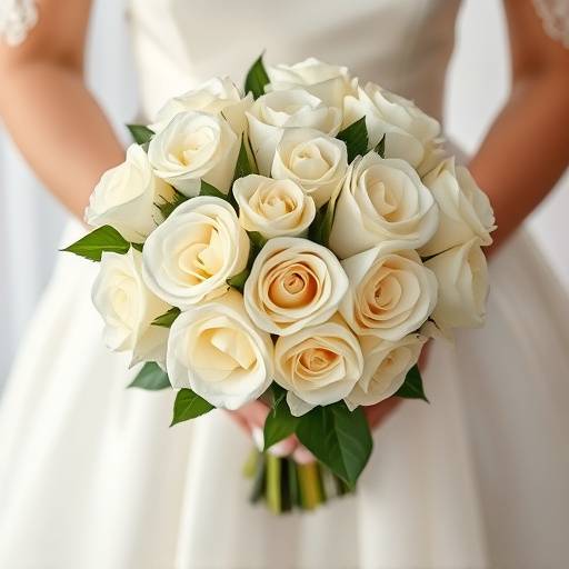 Close-up shot of a bride's hands holding a bouquet of white roses, highlighting the delicate details of the flowers.