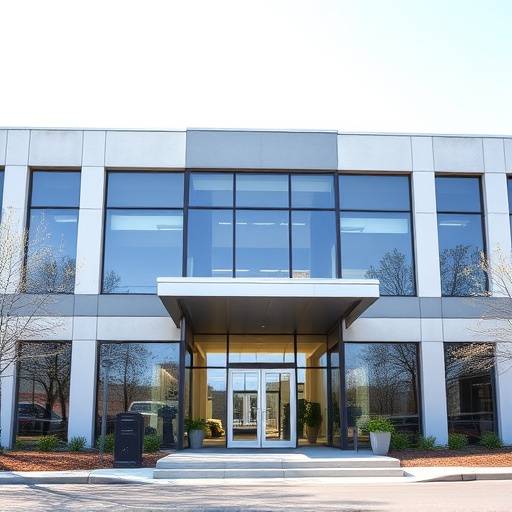Exterior view of the Terra Escapes headquarters building, a modern office space with large windows and a welcoming entrance.