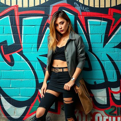 Fashion shot of a model posing in front of a graffiti wall, showcasing urban style and attitude.