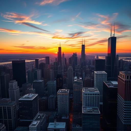 Panoramic aerial view of the Chicago skyline at sunset, highlighting the city's diverse architecture and vibrant colors.