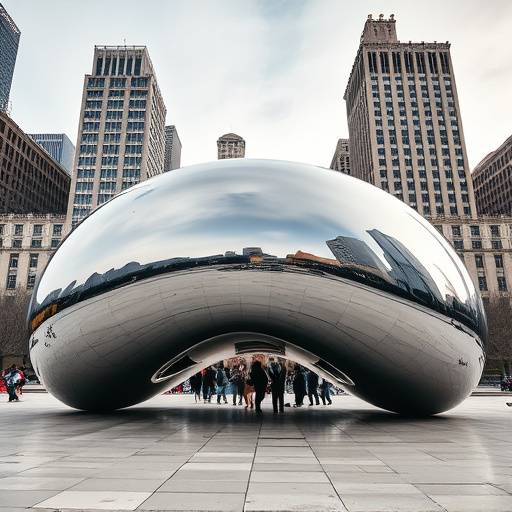 The iconic architecture of the Cloud Gate sculpture (The Bean) in Millennium Park, Chicago.